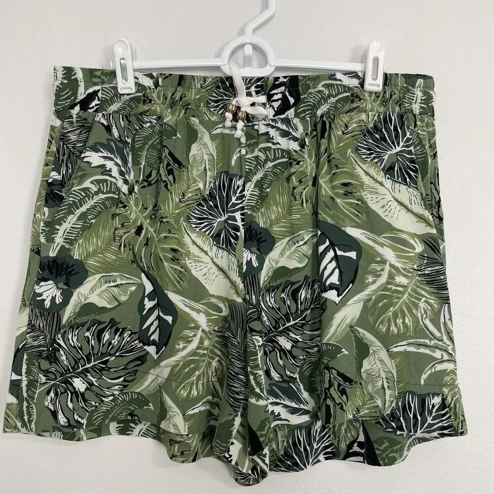 High Rise Tropical Palm Leaf Print Shorts Elastic Waist Green White Large